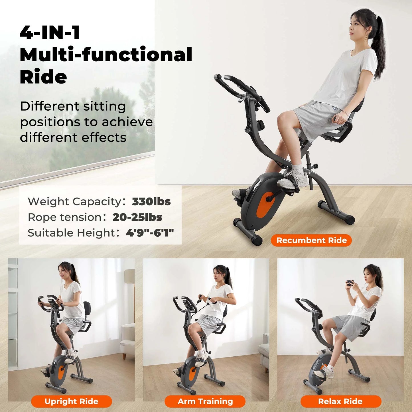 Folding Exercise Bike Magnetic Stationary Recumbent Bike 3 in 1 Adjustable Arm Resistance Bands for Home Use