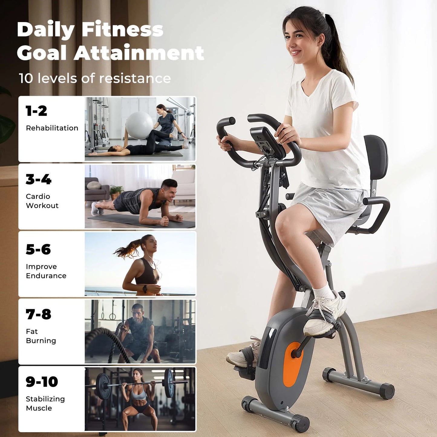 Folding Exercise Bike Magnetic Stationary Recumbent Bike 3 in 1 Adjustable Arm Resistance Bands for Home Use