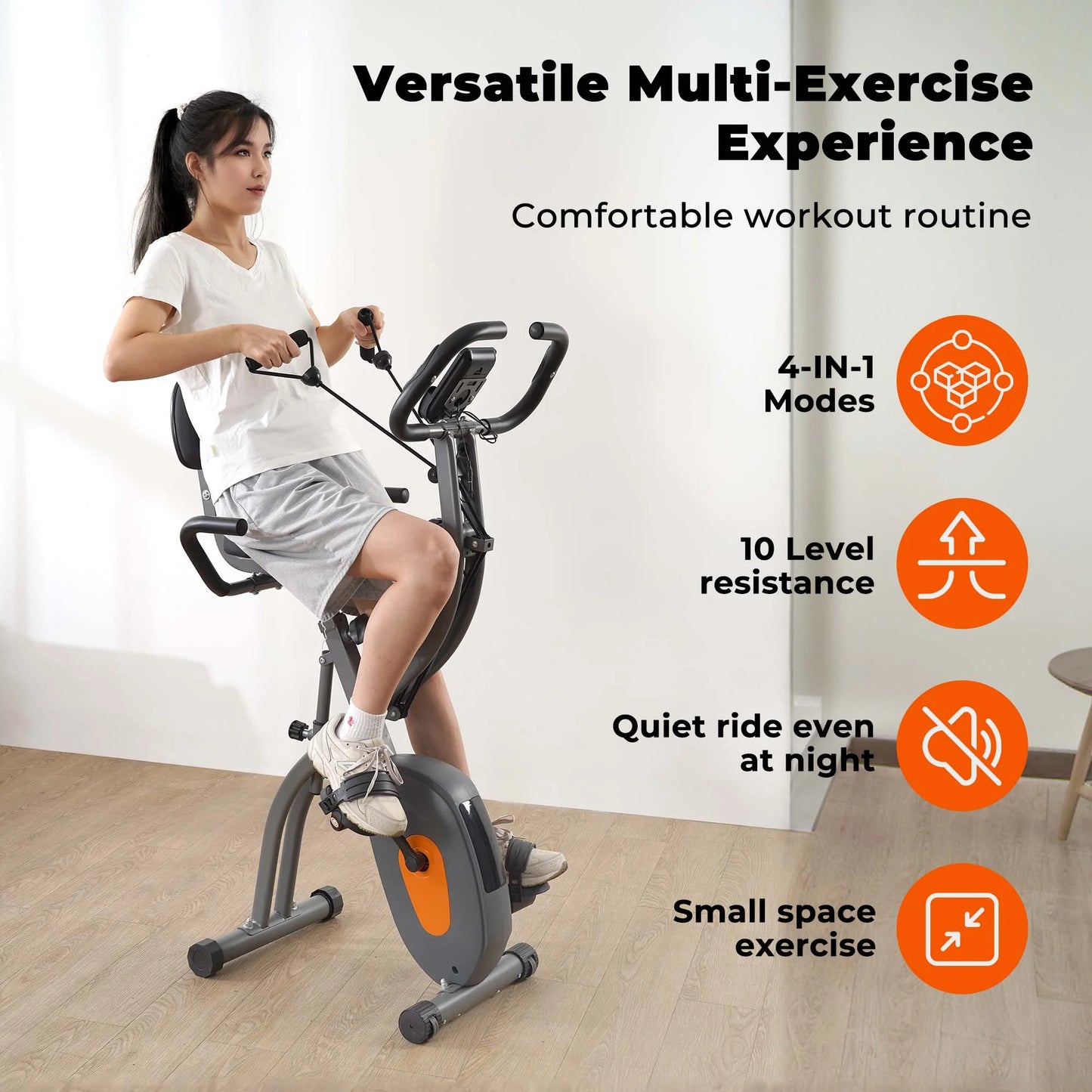 Folding Exercise Bike Magnetic Stationary Recumbent Bike 3 in 1 Adjustable Arm Resistance Bands for Home Use