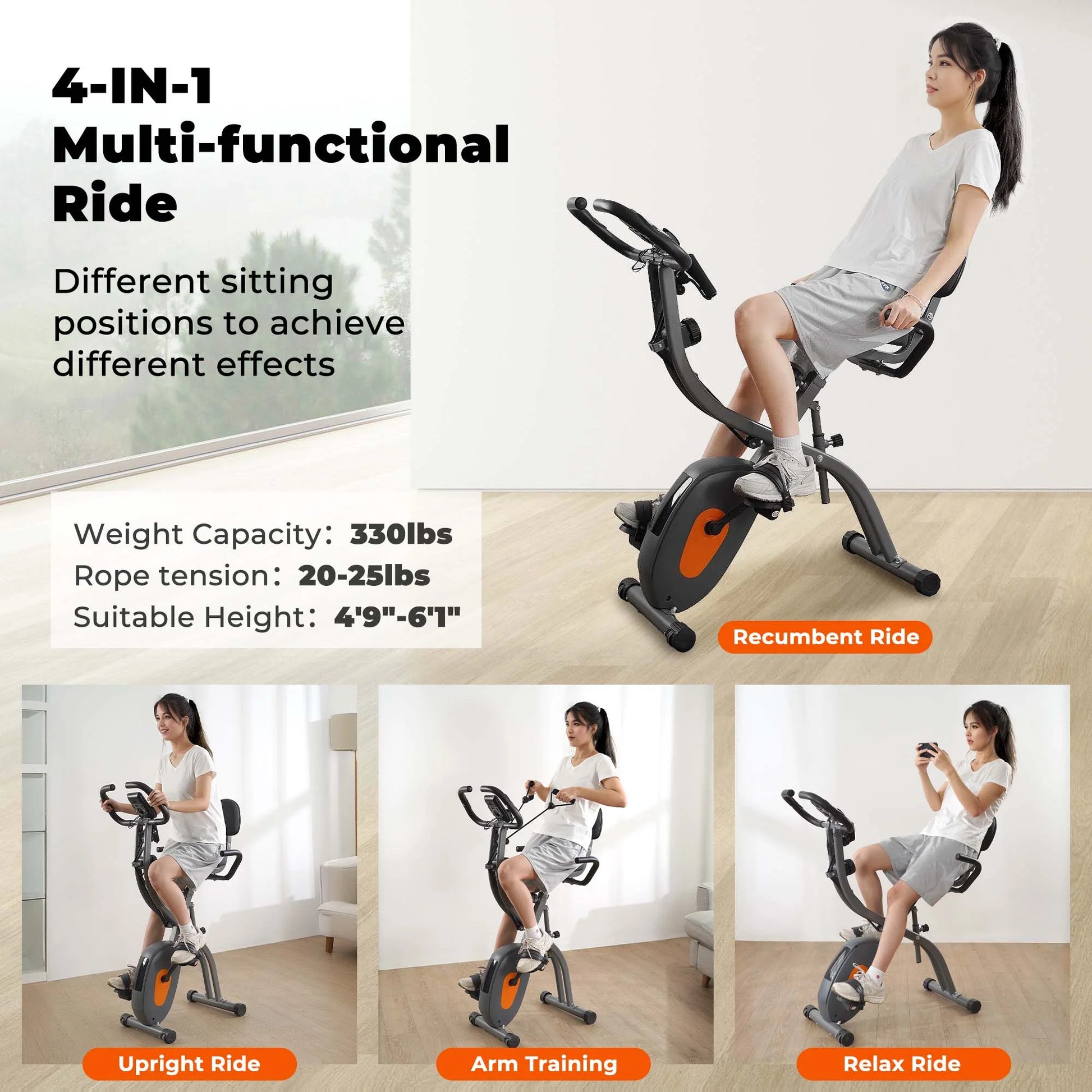 Folding Exercise Bike Magnetic Stationary Recumbent Bike 3 in 1 Adjustable Arm Resistance Bands for Home Use