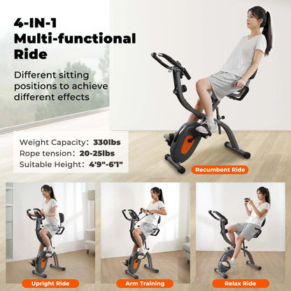 Folding Exercise Bike Magnetic Stationary Recumbent Bike 3 in 1 Adjustable Arm Resistance Bands for Home Use