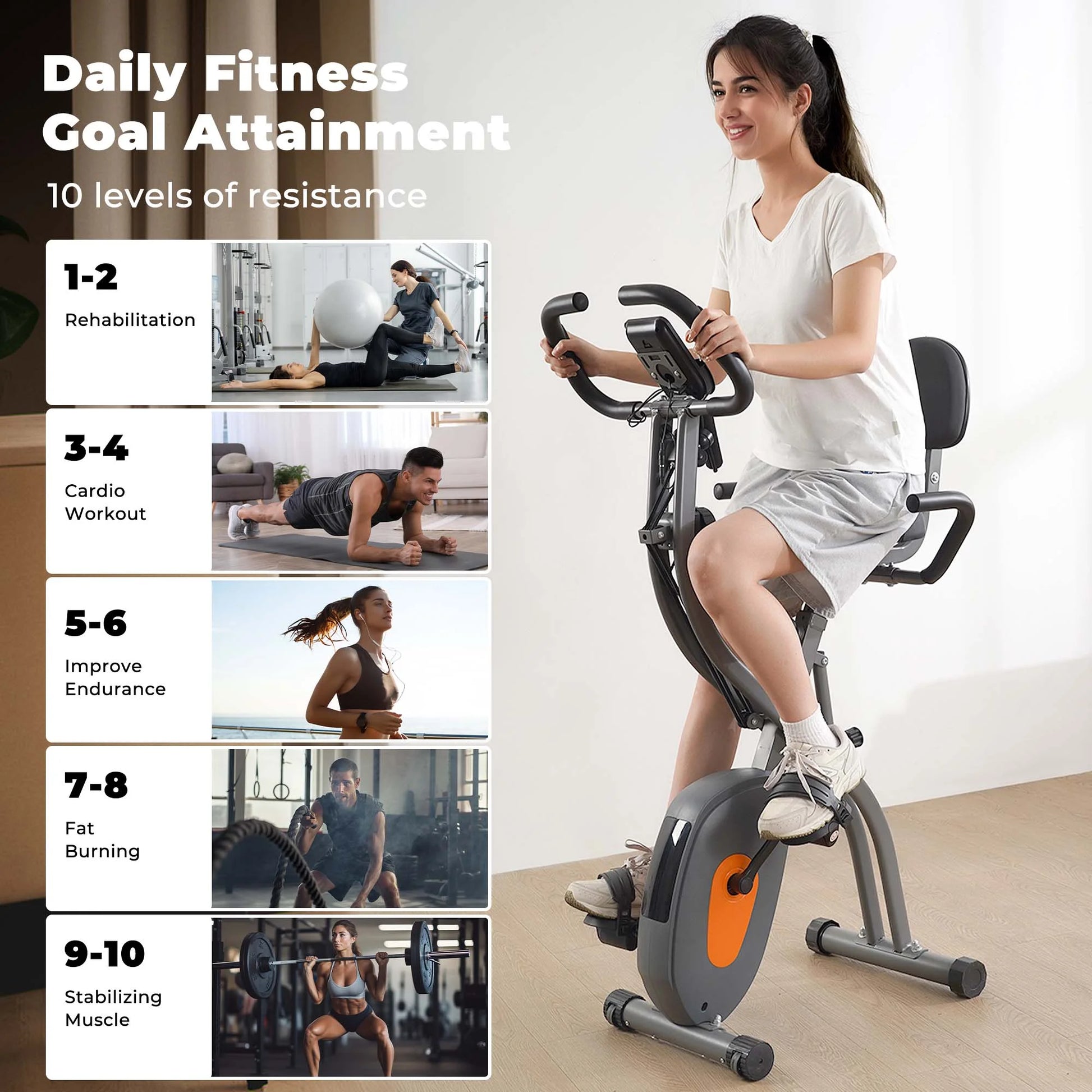 Folding Exercise Bike Magnetic Stationary Recumbent Bike 3 in 1 Adjustable Arm Resistance Bands for Home Use