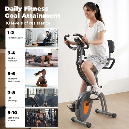 Folding Exercise Bike Magnetic Stationary Recumbent Bike 3 in 1 Adjustable Arm Resistance Bands for Home Use