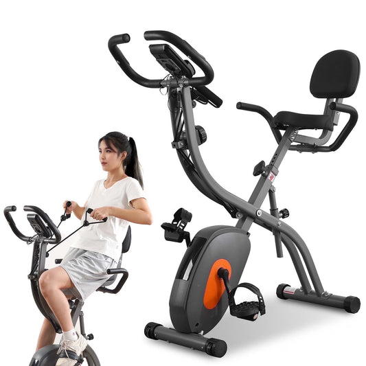 Folding Exercise Bike Magnetic Stationary Recumbent Bike 3 in 1 Adjustable Arm Resistance Bands for Home Use